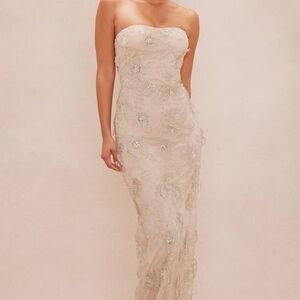 Emma Embroidered Mesh Maxi Dress - Beige - XL